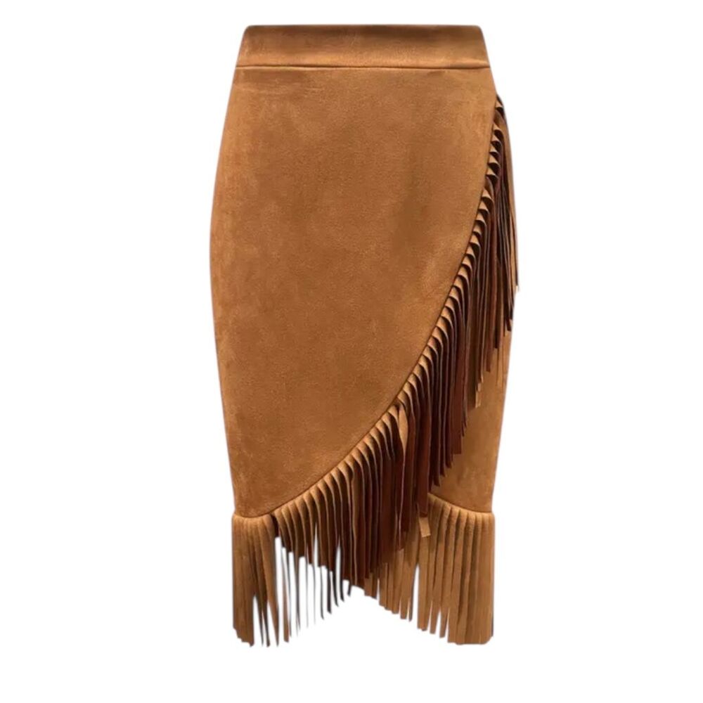 Faux Suede Midi Skirt Fringe Western Boho Wrap Style